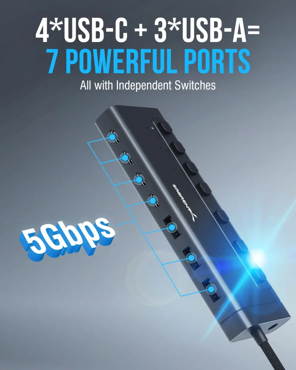 SABRENT 7-Port USB-C Hub, 48W Powered, 5Gbps, 3 USB-A + 4 USB-C (HB-3A4C) | Expands Connectivity for Mac, PC, Steam Deck, ROG Ally - view 4