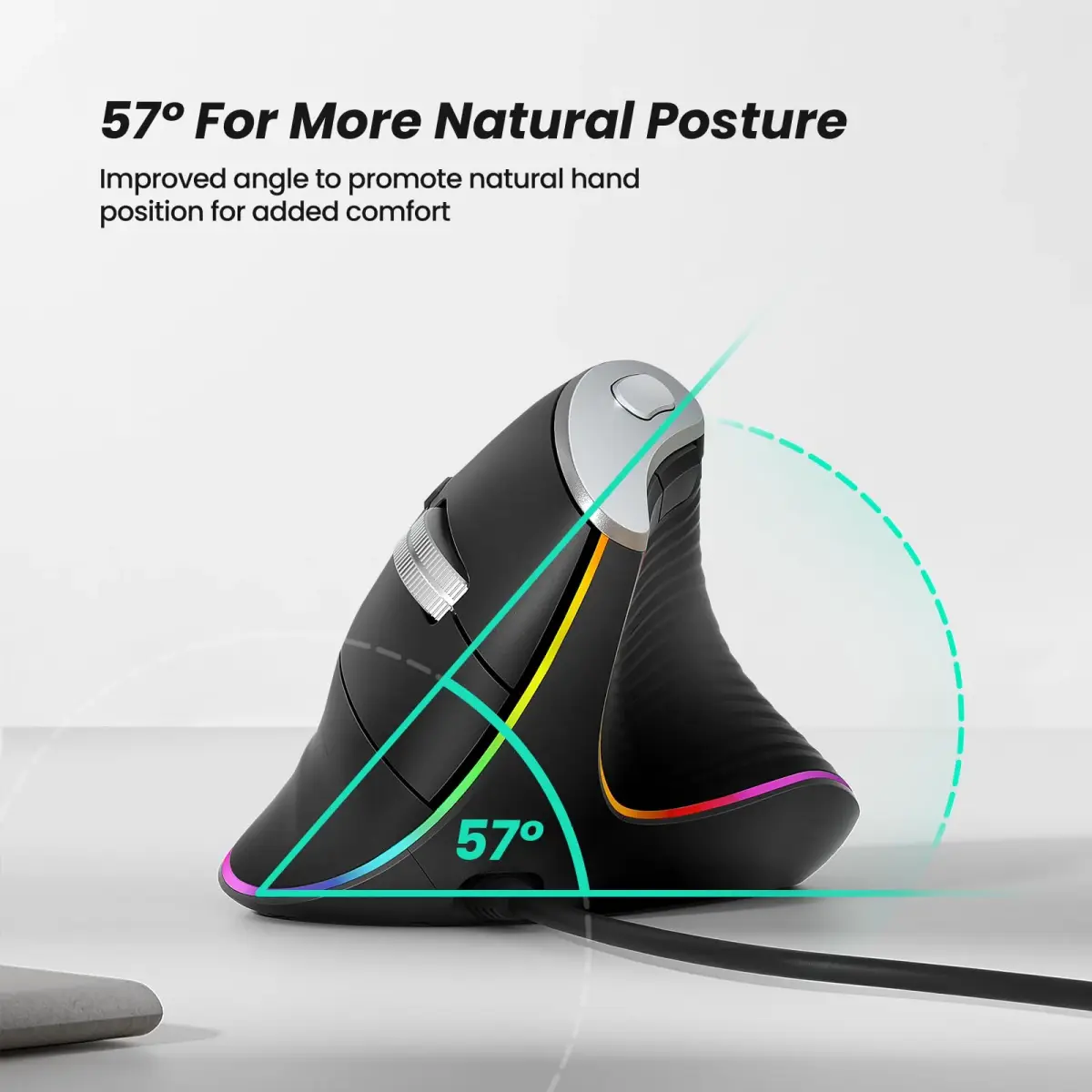 Nulea M504 Wired Vertical Ergonomic Mouse with 4 Adjustable DPI & 11 RGB Modes, Right Hand, Black (1 Unit) - view 3