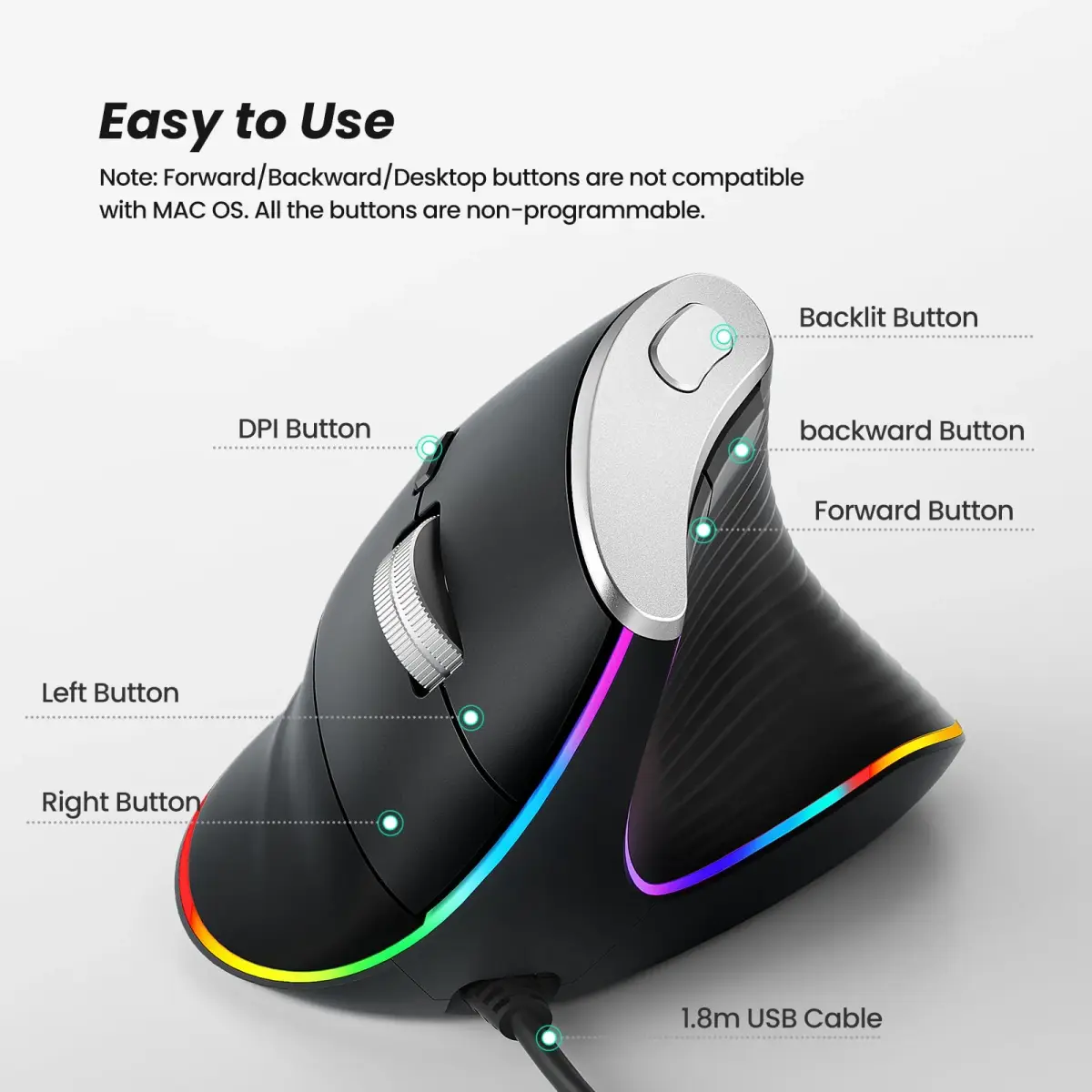 Nulea M504 Wired Vertical Ergonomic Mouse with 4 Adjustable DPI & 11 RGB Modes, Right Hand, Black (1 Unit) - view 4