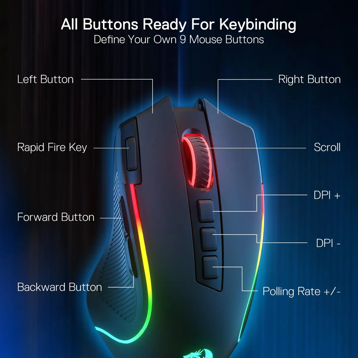 Redragon M612 PRO Wireless RGB Optical Gaming Mouse 8000 DPI 12 Programmable Buttons | 3-Mode Connectivity - view 4