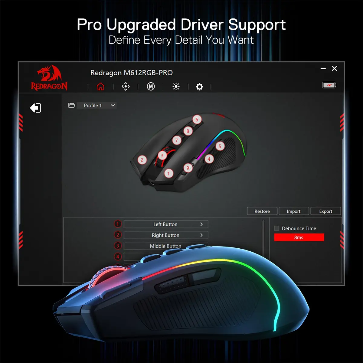Redragon M612 PRO Wireless RGB Optical Gaming Mouse 8000 DPI 12 Programmable Buttons | 3-Mode Connectivity - view 8