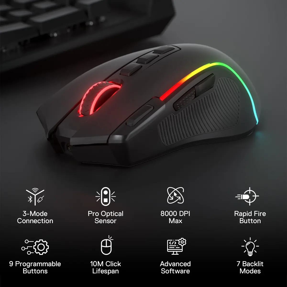 Redragon M612 PRO Wireless RGB Optical Gaming Mouse 8000 DPI 12 Programmable Buttons | 3-Mode Connectivity - view 2