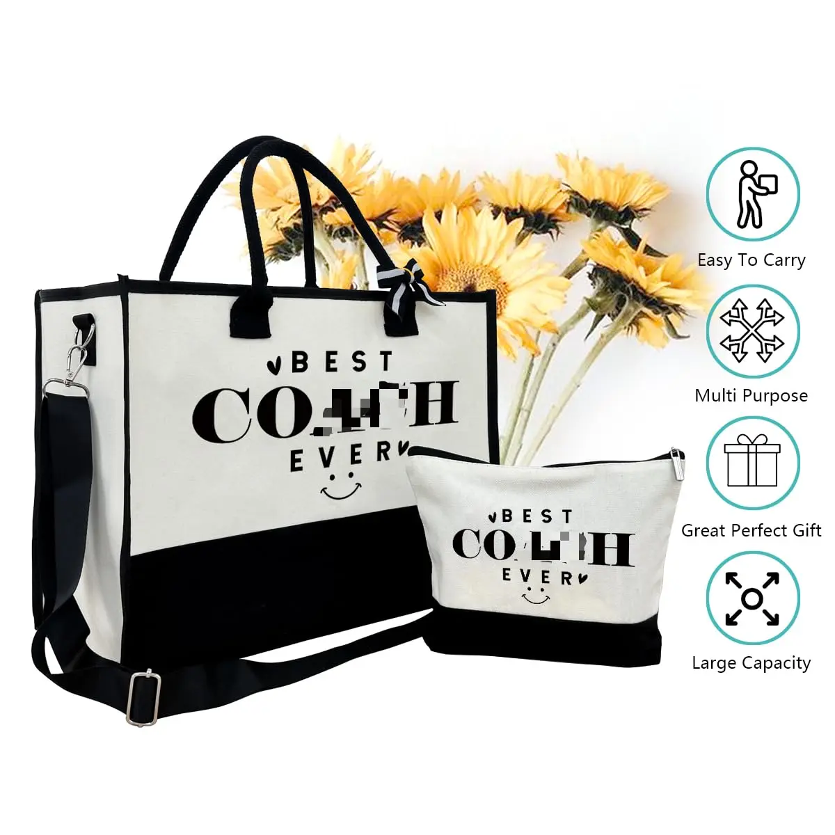 SUSZDOU Canvas Beach Tote Bag with Matching Makeup Pouch | Large Capacity, Waterproof, Reusable - view 6