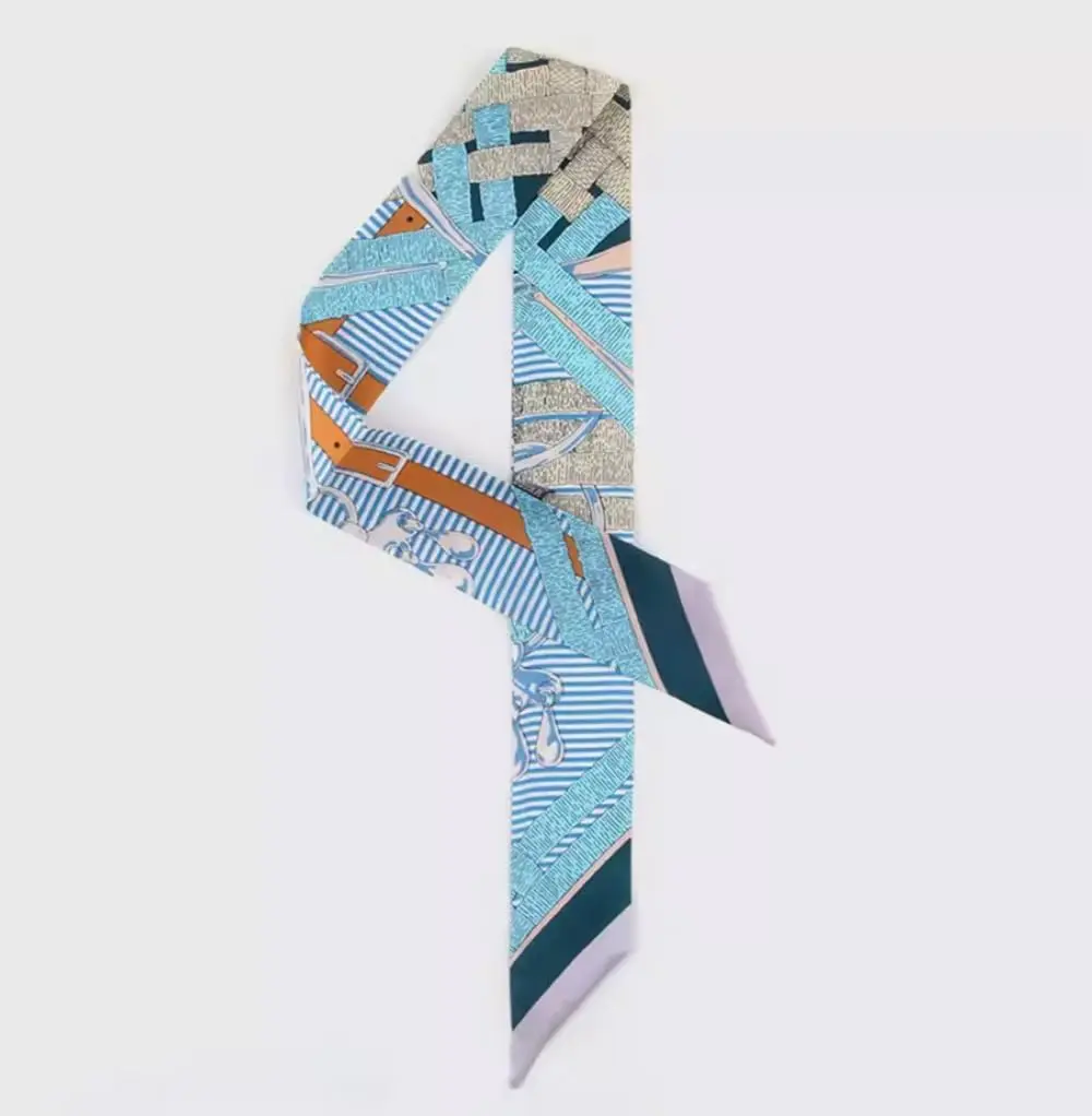 JERLA 100% Mulberry Silk Scarf 88cm x 5cm | Horse Chewing Ring Blue - view 2
