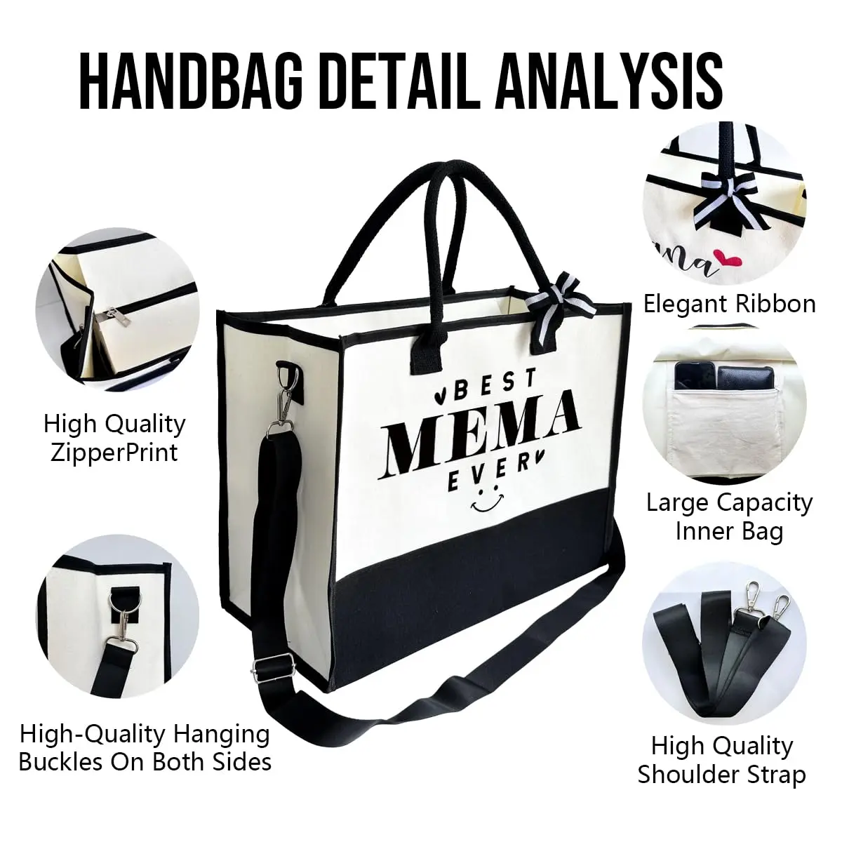 SUSZDOU Gift for Best Mema Ever Large Canvas Beach Bag with Inner Pocket and Makeup Pouch | Reusable Travel Shoulder Bag for Women - view 7