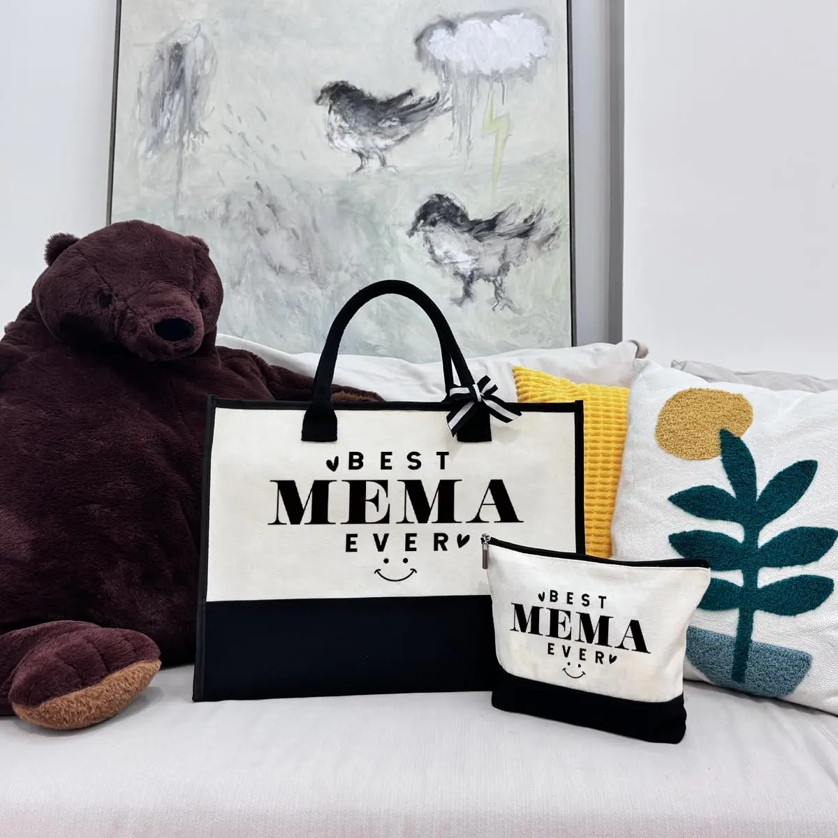 SUSZDOU Gift for Best Mema Ever Large Canvas Beach Bag with Inner Pocket and Makeup Pouch | Reusable Travel Shoulder Bag for Women - view 3