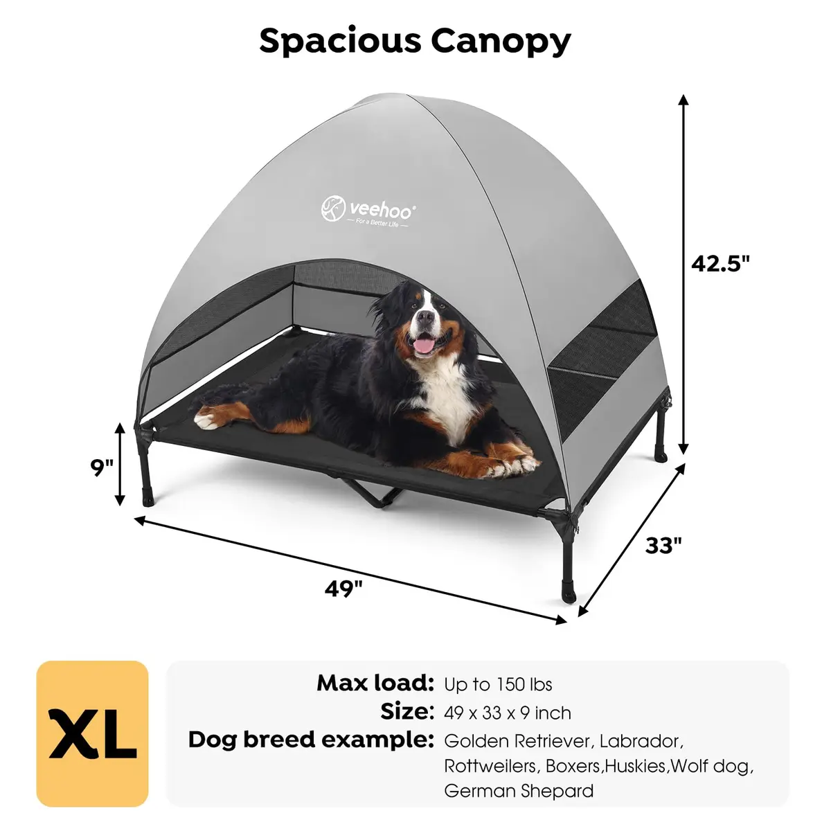 Veehoo Elevated Dog Bed with Canopy, Cooling Outdoor Pet Cot 124cm x 84cm x 108cm | Heavy Duty 68kg Capacity - view 4