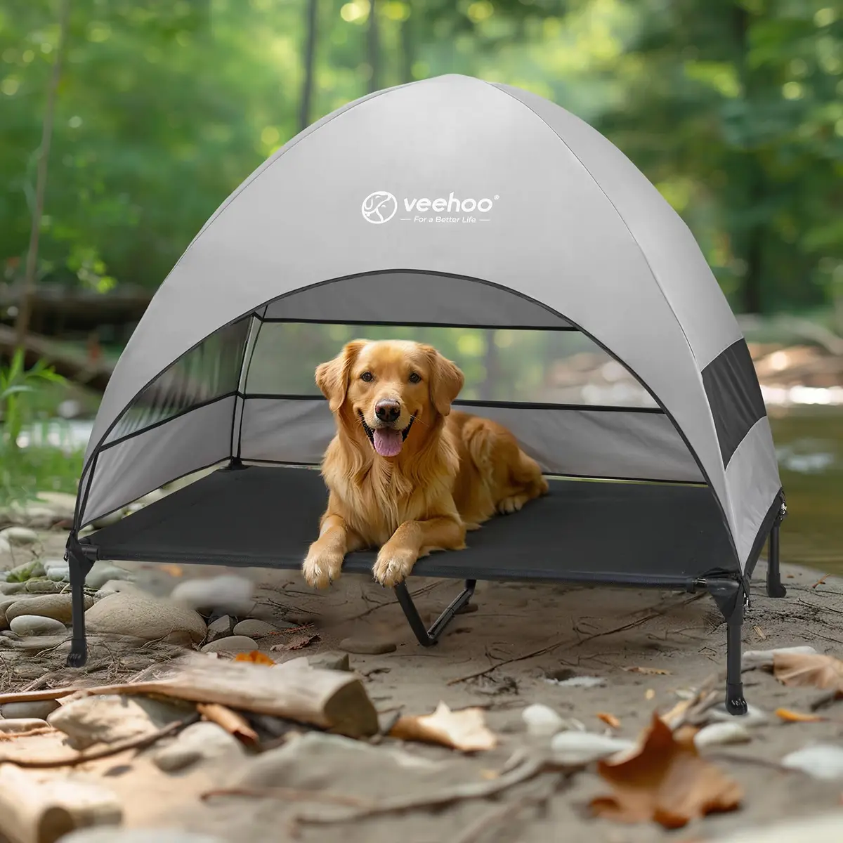 Veehoo Elevated Dog Bed with Canopy, Cooling Outdoor Pet Cot 124cm x 84cm x 108cm | Heavy Duty 68kg Capacity - view 7