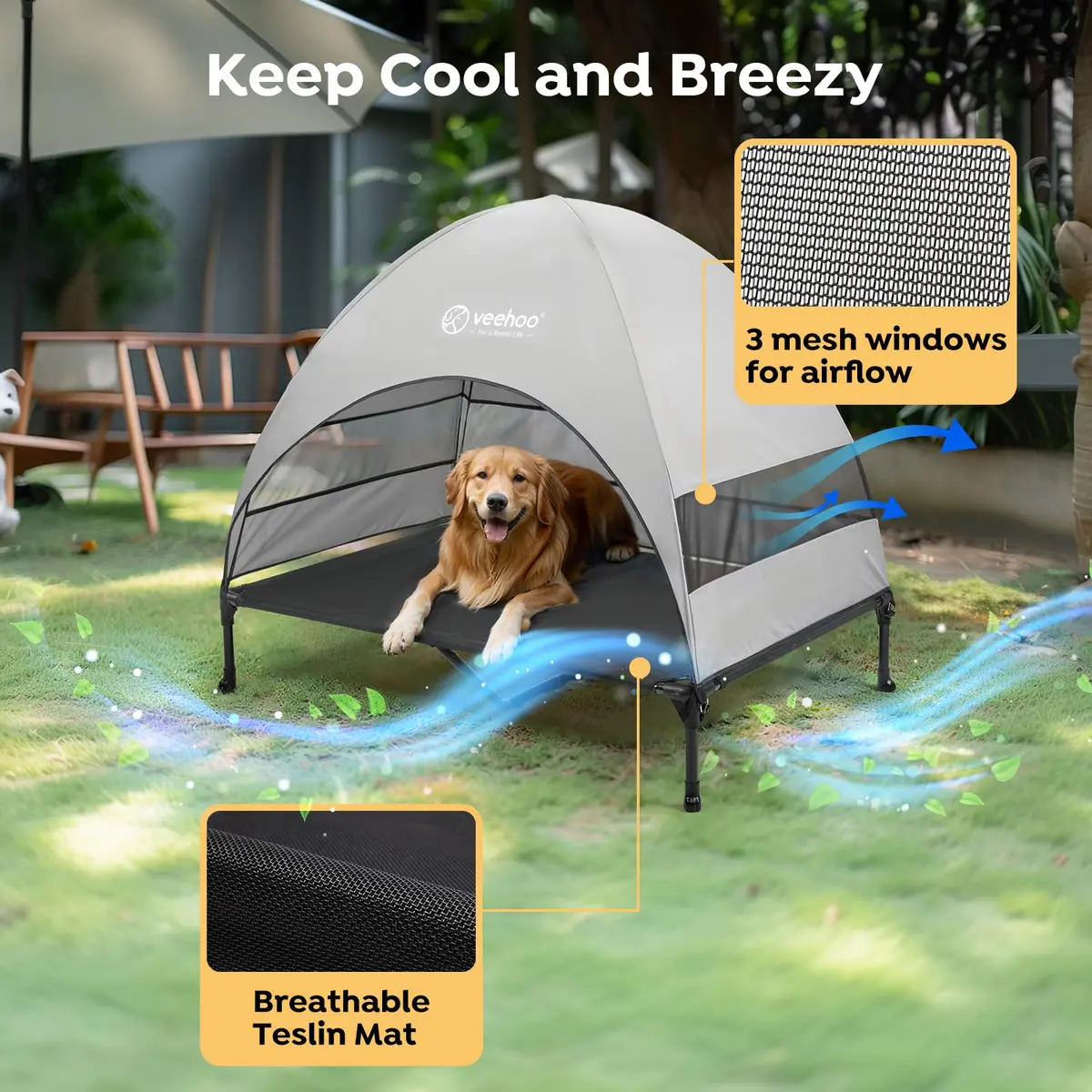 Veehoo Elevated Dog Bed with Canopy, Cooling Outdoor Pet Cot 124cm x 84cm x 108cm | Heavy Duty 68kg Capacity - view 3