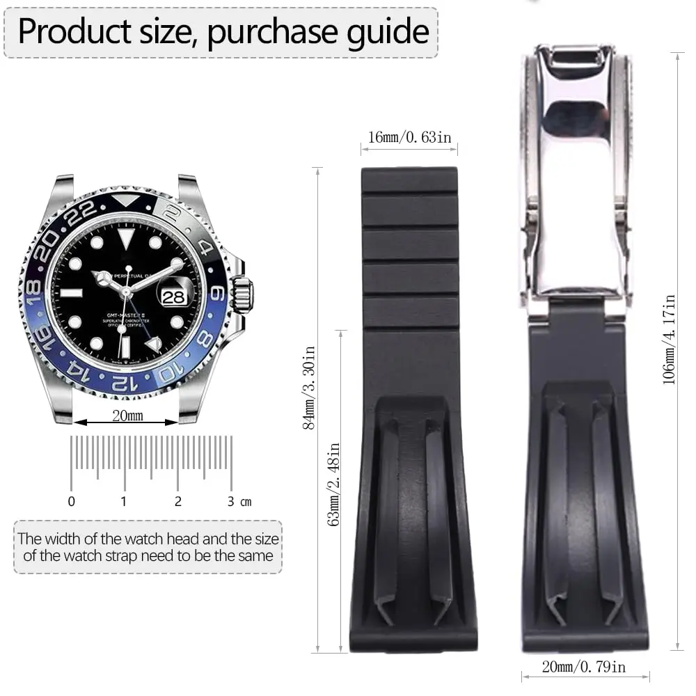 Feyert 20mm Fluororubber Watch Band with Silver Deployment Buckle | Classic Style for Rolex & Other Watches - view 3