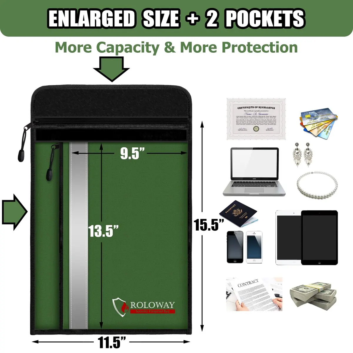 ROLOWAY Fireproof Document Bag 15.5 x 11.5 inch | 5200°F Heat Insulation & Water Resistance - view 3