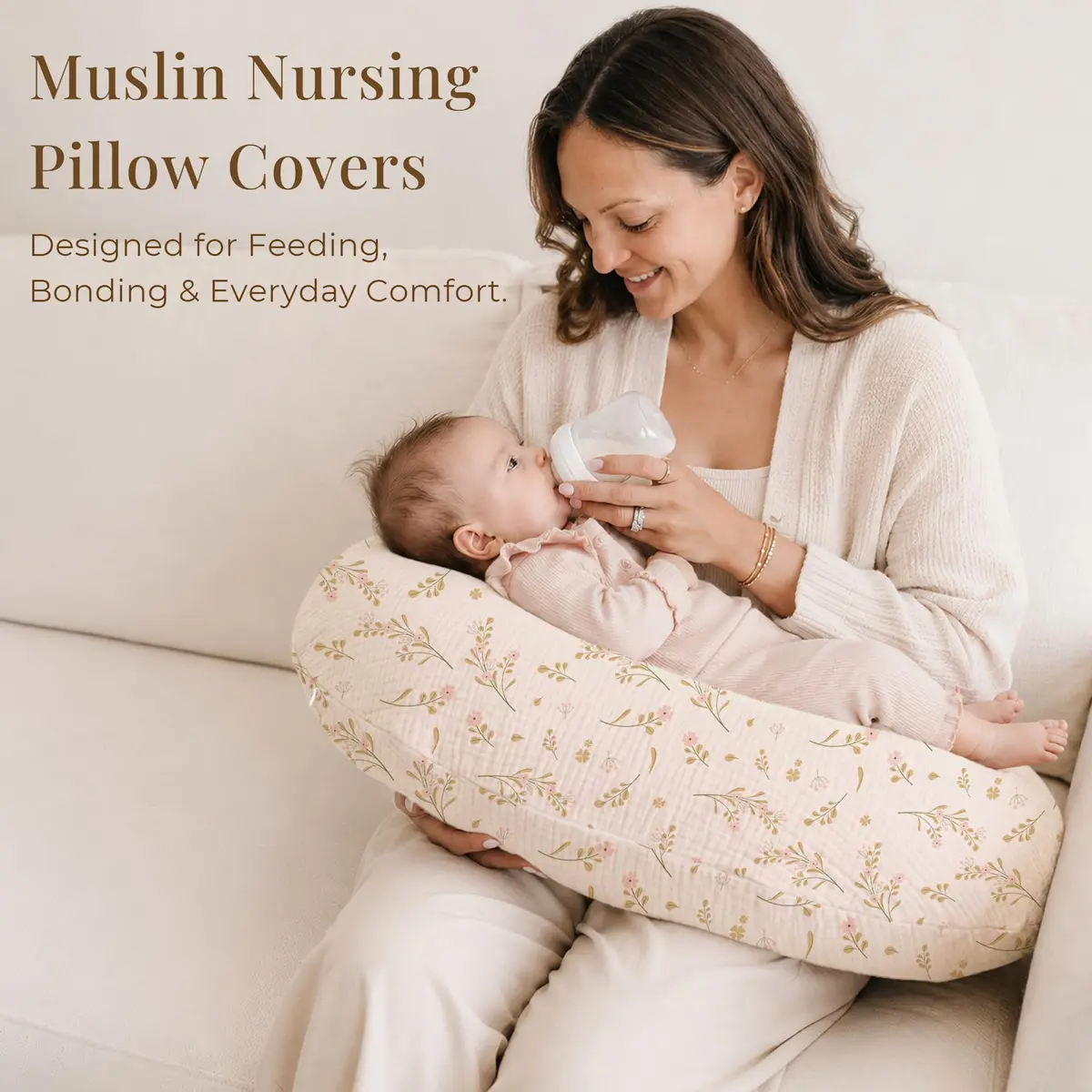 Konssy 2-Pack Muslin Nursing Pillow Covers, Floral Soft Slipcover for Baby | 25" x 18" | 100% Cotton, Zipper - view 5