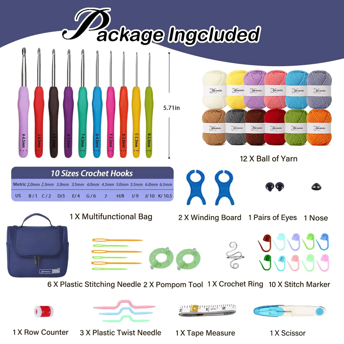 Yarniss Crochet Kit for Beginners, All in One Crochet Kits with 12 Yarn Skeins & 10 Ergonomic Hooks, Adult Crafting Set (Navy) - view 5