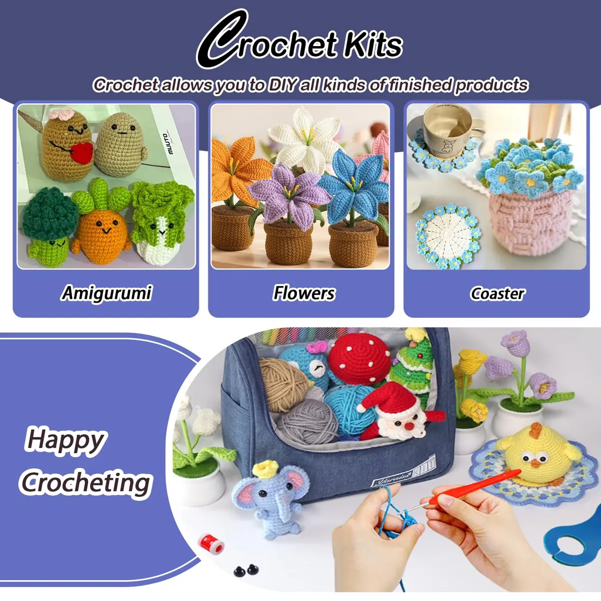 Yarniss Crochet Kit for Beginners, All in One Crochet Kits with 12 Yarn Skeins & 10 Ergonomic Hooks, Adult Crafting Set (Navy) - view 6
