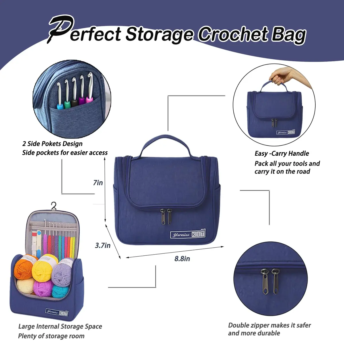 Yarniss Crochet Kit for Beginners, All in One Crochet Kits with 12 Yarn Skeins & 10 Ergonomic Hooks, Adult Crafting Set (Navy) - view 7