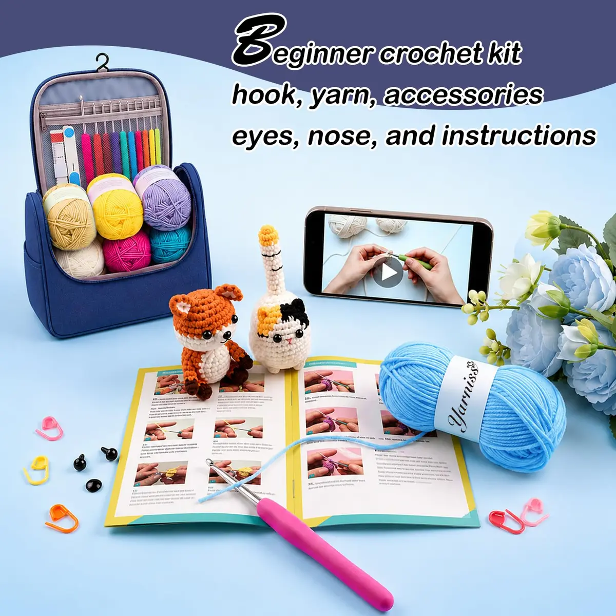 Yarniss Crochet Kit for Beginners, All in One Crochet Kits with 12 Yarn Skeins & 10 Ergonomic Hooks, Adult Crafting Set (Navy) - view 2