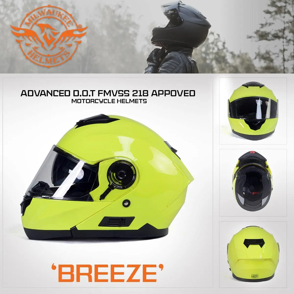 Milwaukee Helmets Advanced DOT Modular Full Face Motorcycle Helmet - Flip Up Front - Dual Visor Drop Down Shield | DOT FMVSS 218 Certified - view 7