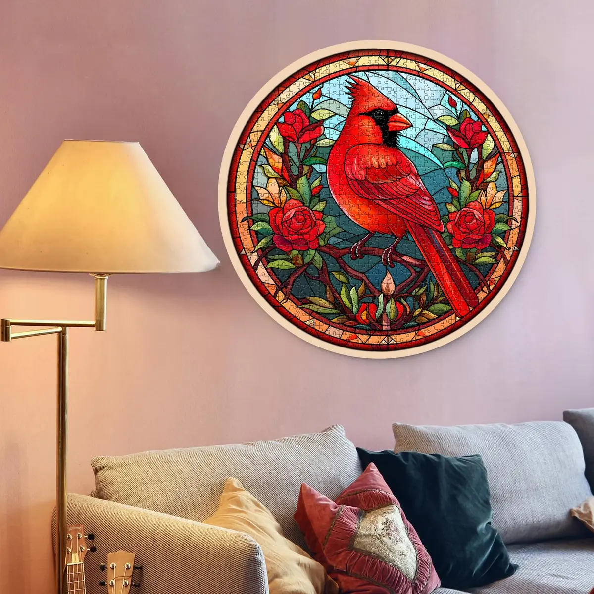 PICKFORU Stained Glass Puzzle Bird 1000 Pieces Round Cardinal Flower Puzzle | Educational Skill Building - view 5