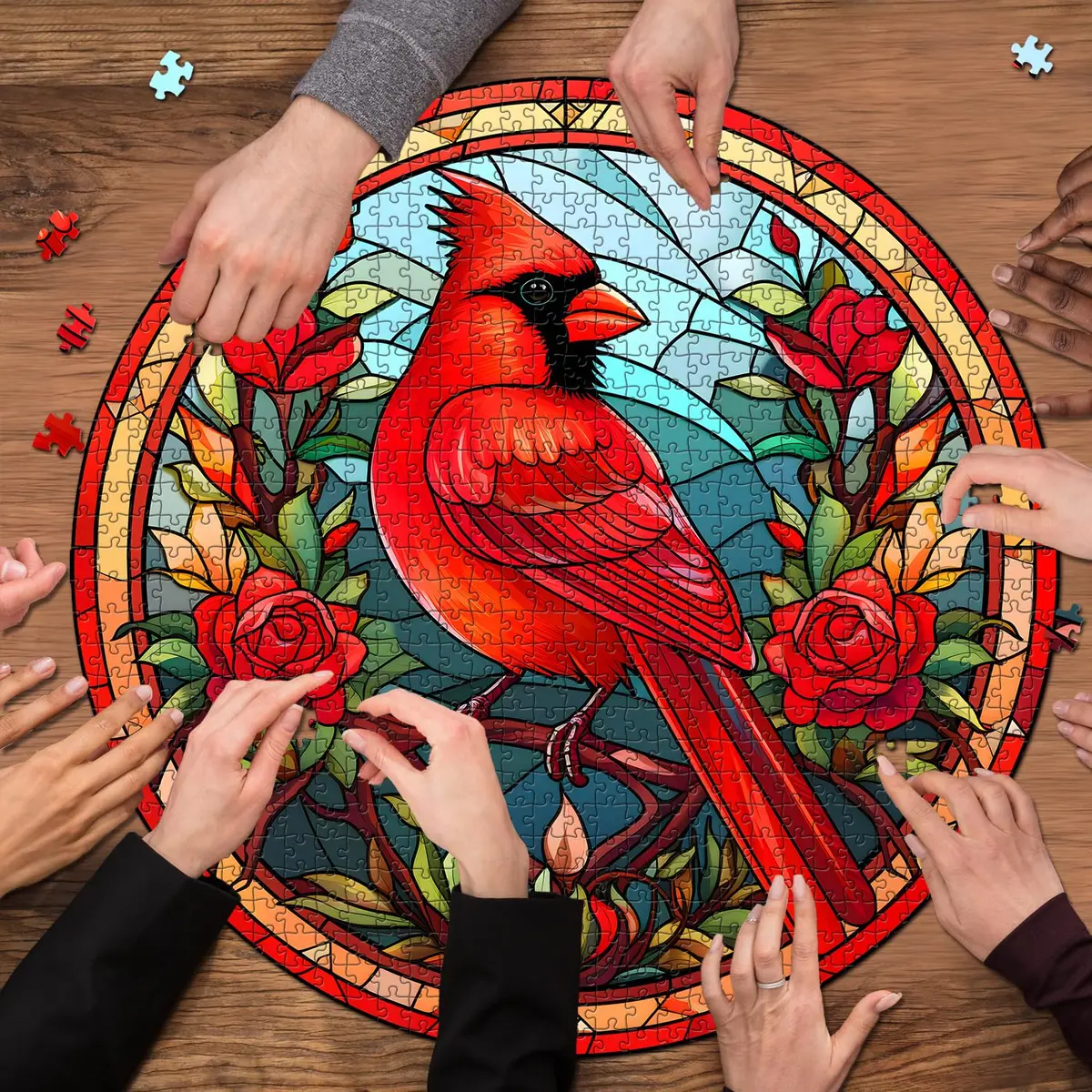 PICKFORU Stained Glass Puzzle Bird 1000 Pieces Round Cardinal Flower Puzzle | Educational Skill Building - view 6