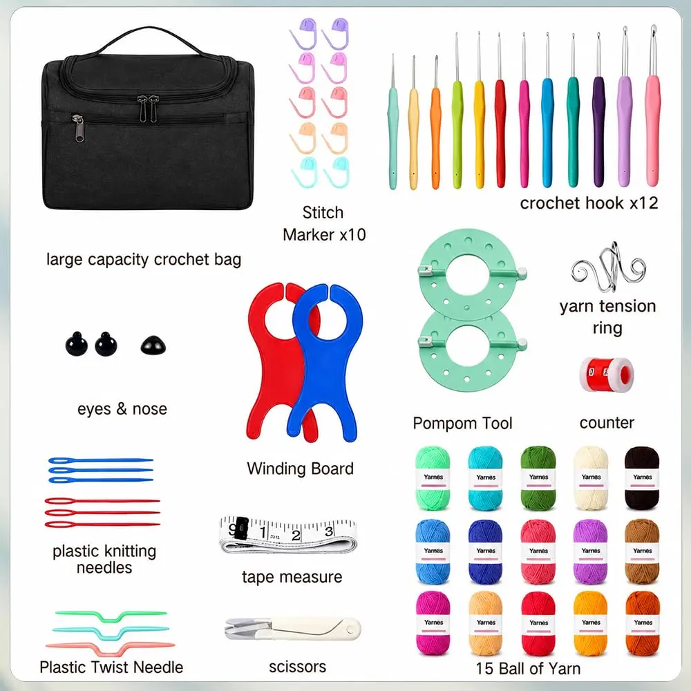 Yarniss Complete Crochet Kit for Beginners | 12 Ergonomic Hooks, 15 Yarn Colors, Storage Bag - view 2