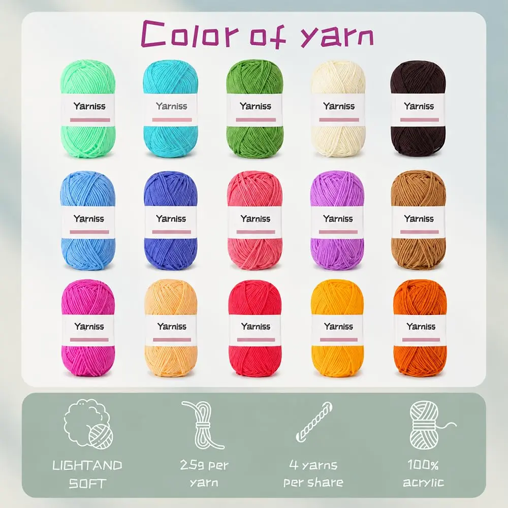Yarniss Complete Crochet Kit for Beginners | 12 Ergonomic Hooks, 15 Yarn Colors, Storage Bag - view 3