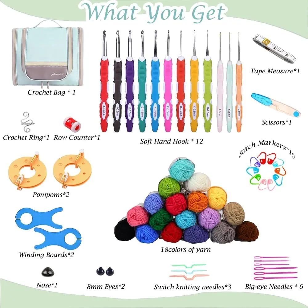Yarniss Complete Crochet Kit for Beginners with Bag, Mint | 1050 Yards Yarn & Ergonomic Hooks | Learn Crochet with Video Tutorials - view 2