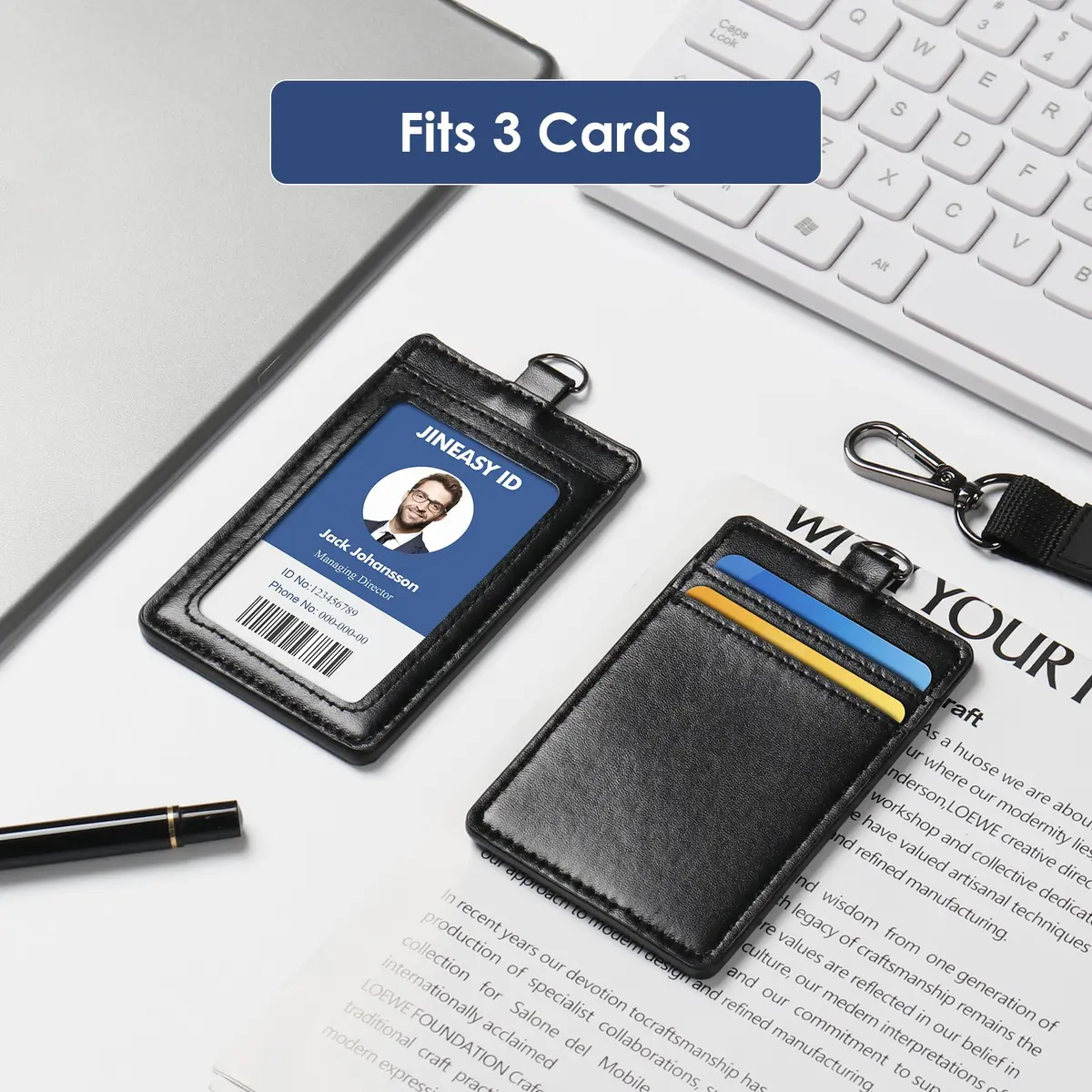 JINEASY ID Black Leather Badge Holder with Breakaway Lanyard & Metal Clip, 7 x 11 cm (2.7 x 4.3 inch) | Genuine Leather, Detachable Buckle - view 5