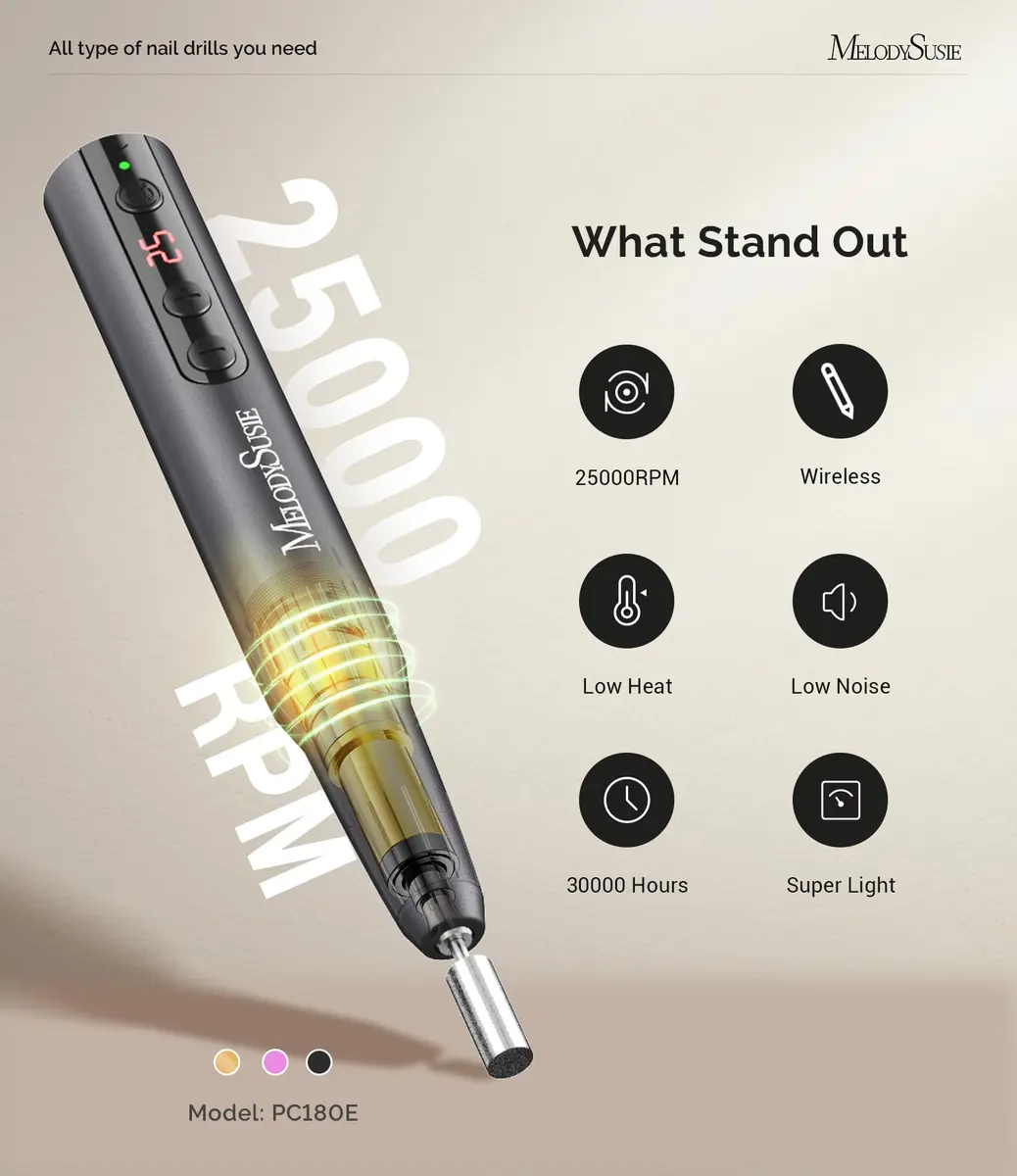 MelodySusie PC180E Cordless Nail Drill 25000RPM | Rechargeable Electric File with LED Display for All Nail Care - view 4