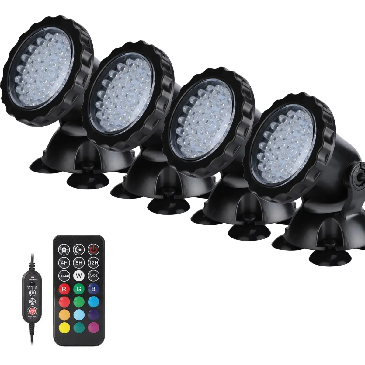 ZHGSERVU Pond Lights LED Underwater Fountain Lights 36LED Bulbs with Timer Remote Control Colors Changing Submersible Spotlight Set of 4 | IP68 Waterproof for Ponds, Fountains, Aquariums, Pools - main product image