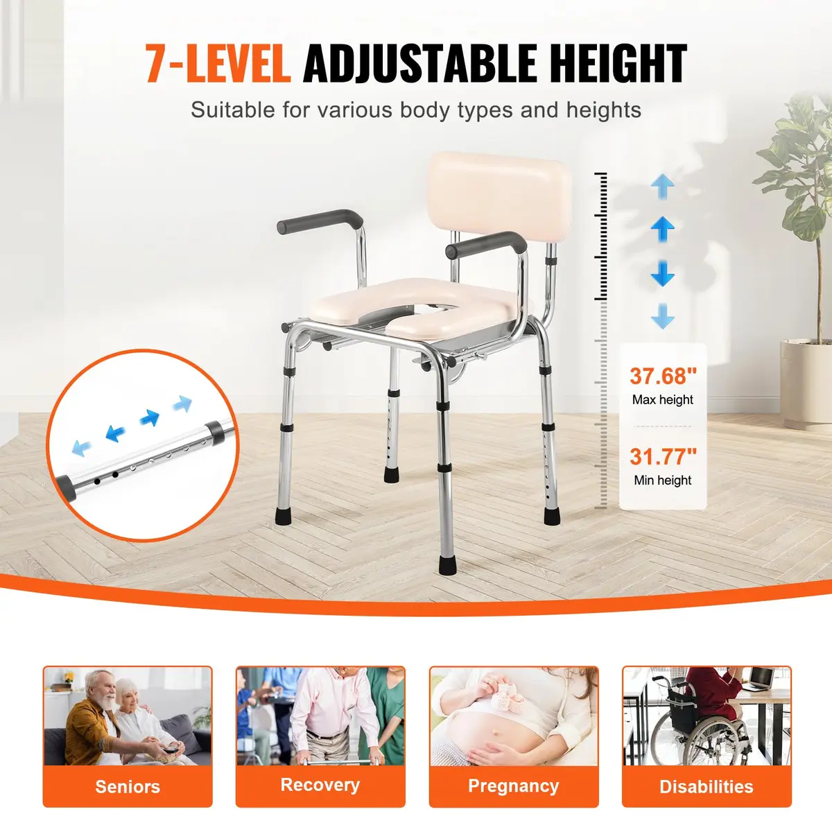 VEVOR Commode Chair Bedside Commode with Padded Seat, Drop-Down Arms, 7-Level Adjustable Height, 2.6kg (5.8L) Bucket, Easy Assembly, 158kg Capacity - view 5