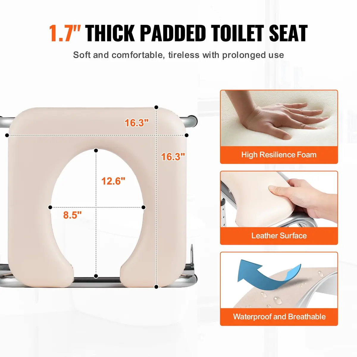 VEVOR Commode Chair Bedside Commode with Padded Seat, Drop-Down Arms, 7-Level Adjustable Height, 2.6kg (5.8L) Bucket, Easy Assembly, 158kg Capacity - view 6