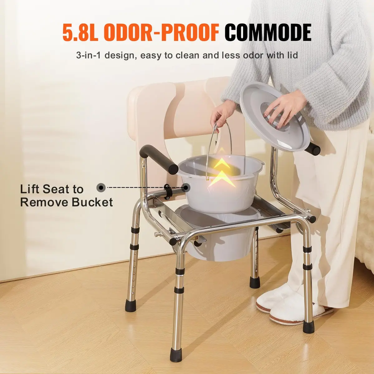 VEVOR Commode Chair Bedside Commode with Padded Seat, Drop-Down Arms, 7-Level Adjustable Height, 2.6kg (5.8L) Bucket, Easy Assembly, 158kg Capacity - view 7