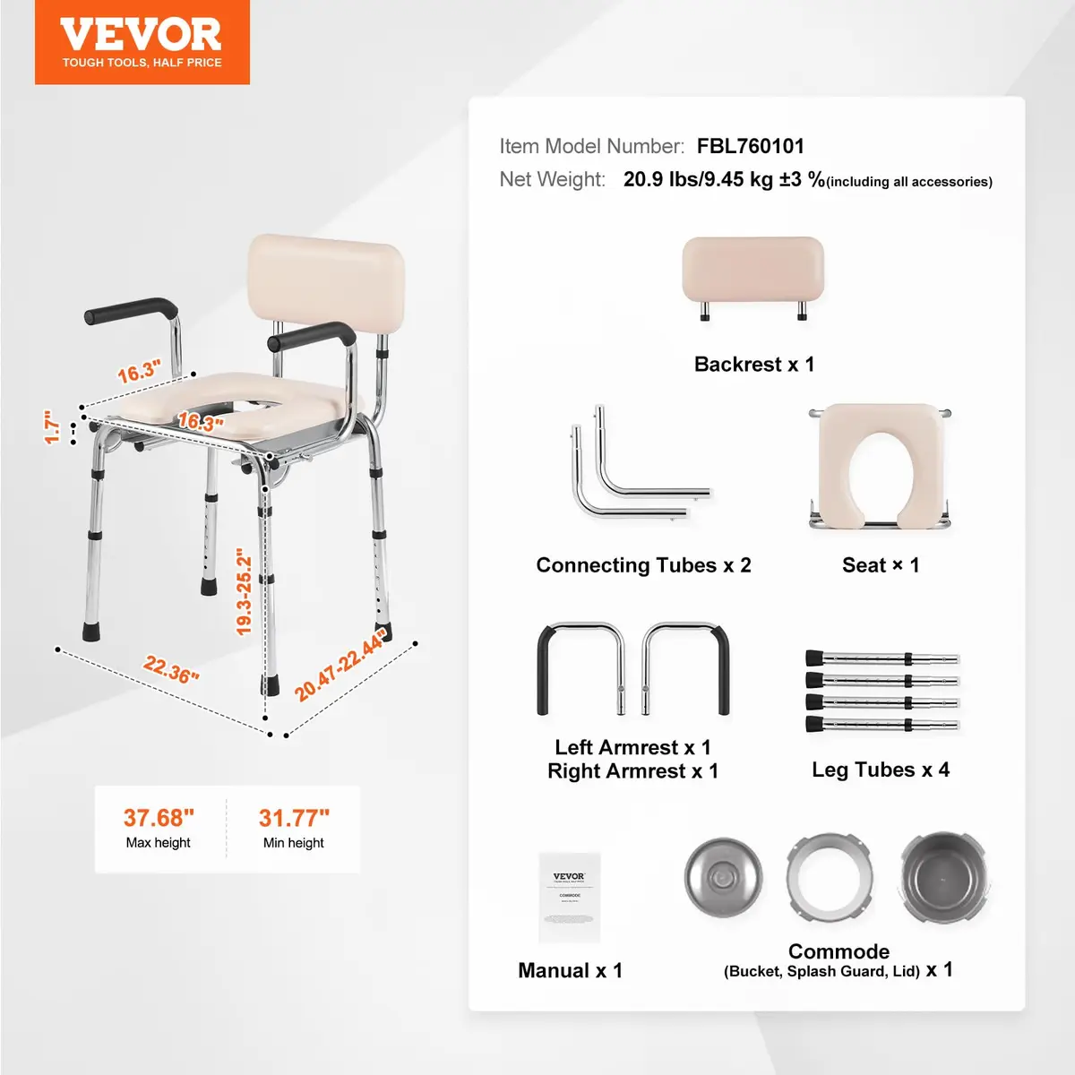 VEVOR Commode Chair Bedside Commode with Padded Seat, Drop-Down Arms, 7-Level Adjustable Height, 2.6kg (5.8L) Bucket, Easy Assembly, 158kg Capacity - view 8