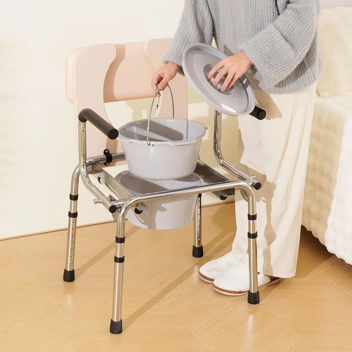 VEVOR Commode Chair Bedside Commode with Padded Seat, Drop-Down Arms, 7-Level Adjustable Height, 2.6kg (5.8L) Bucket, Easy Assembly, 158kg Capacity - view 9