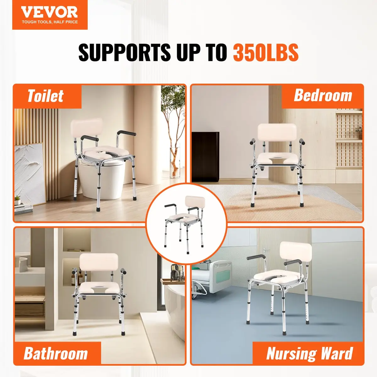 VEVOR Commode Chair Bedside Commode with Padded Seat, Drop-Down Arms, 7-Level Adjustable Height, 2.6kg (5.8L) Bucket, Easy Assembly, 158kg Capacity - view 2