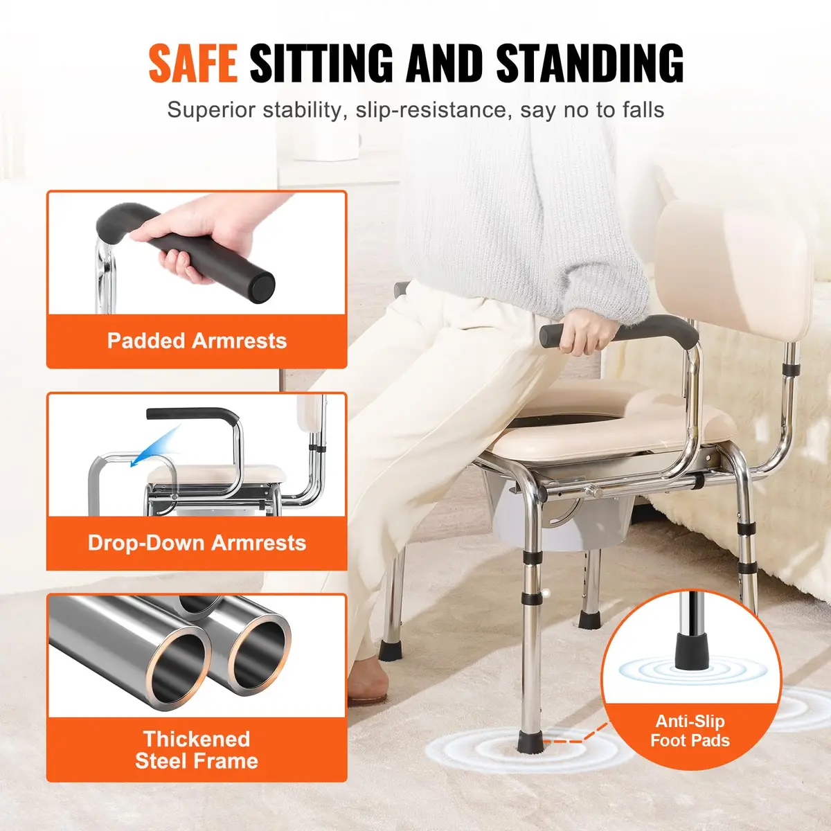 VEVOR Commode Chair Bedside Commode with Padded Seat, Drop-Down Arms, 7-Level Adjustable Height, 2.6kg (5.8L) Bucket, Easy Assembly, 158kg Capacity - view 3