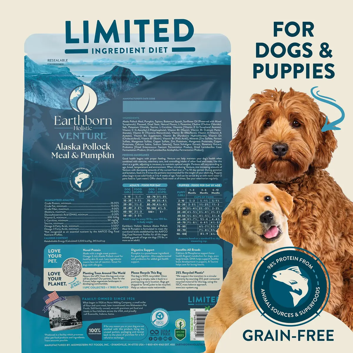Earthborn Holistic Venture LID Pollock & Pumpkin Dry Dog Food 25 lb Bag | Limited Ingredient, Grain-Free, All Life Stages - view 6