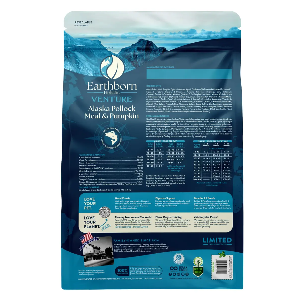 Earthborn Holistic Venture LID Pollock & Pumpkin Dry Dog Food 25 lb Bag | Limited Ingredient, Grain-Free, All Life Stages - view 4