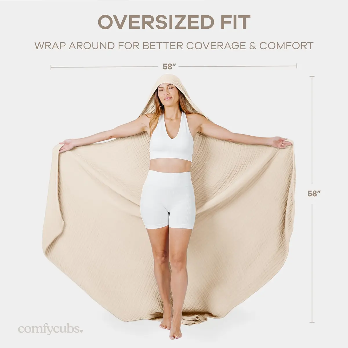 Comfy Cubs Adult Hooded Towel - Large 58'' x 58'', Soft, Absorbent, Stylish Dual-Function Muslin Towel Hoodie for Bath, Relaxation, and Everyday Use - Sand - view 5