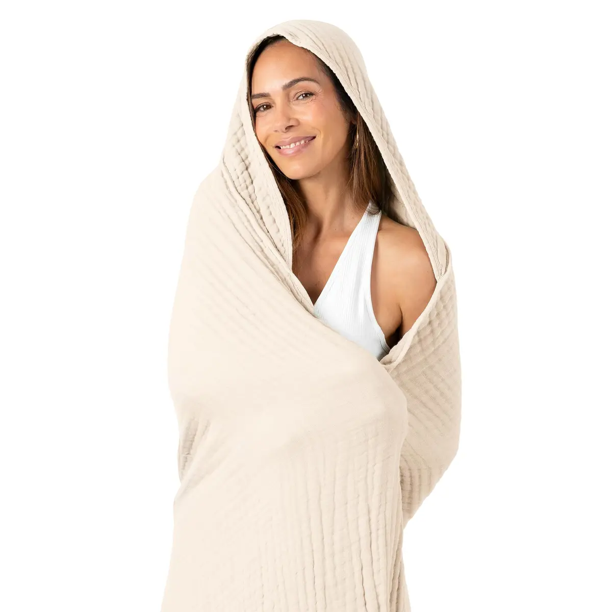 Comfy Cubs Adult Hooded Towel - Large 58'' x 58'', Soft, Absorbent, Stylish Dual-Function Muslin Towel Hoodie for Bath, Relaxation, and Everyday Use - Sand - view 2