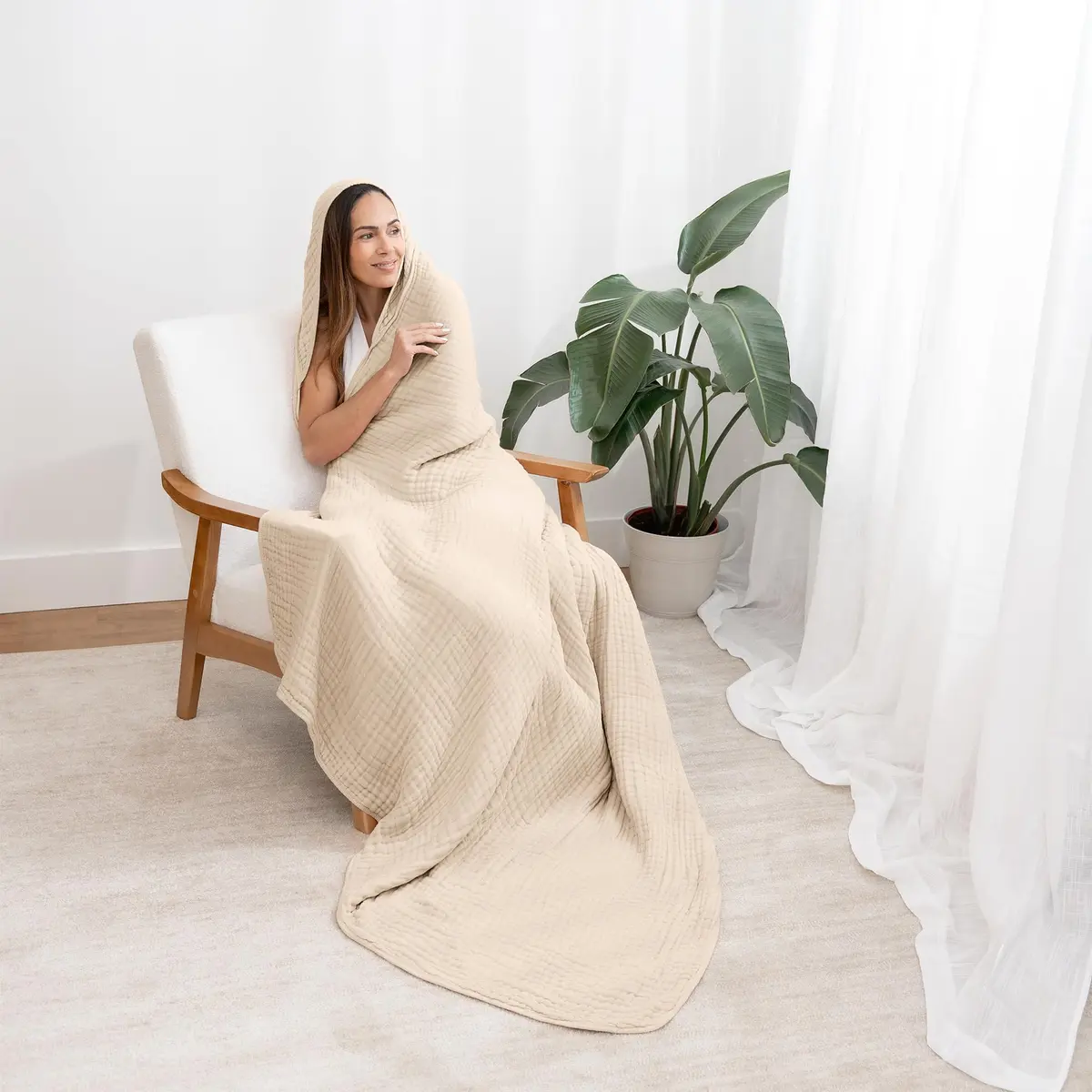 Comfy Cubs Adult Hooded Towel - Large 58'' x 58'', Soft, Absorbent, Stylish Dual-Function Muslin Towel Hoodie for Bath, Relaxation, and Everyday Use - Sand - view 3