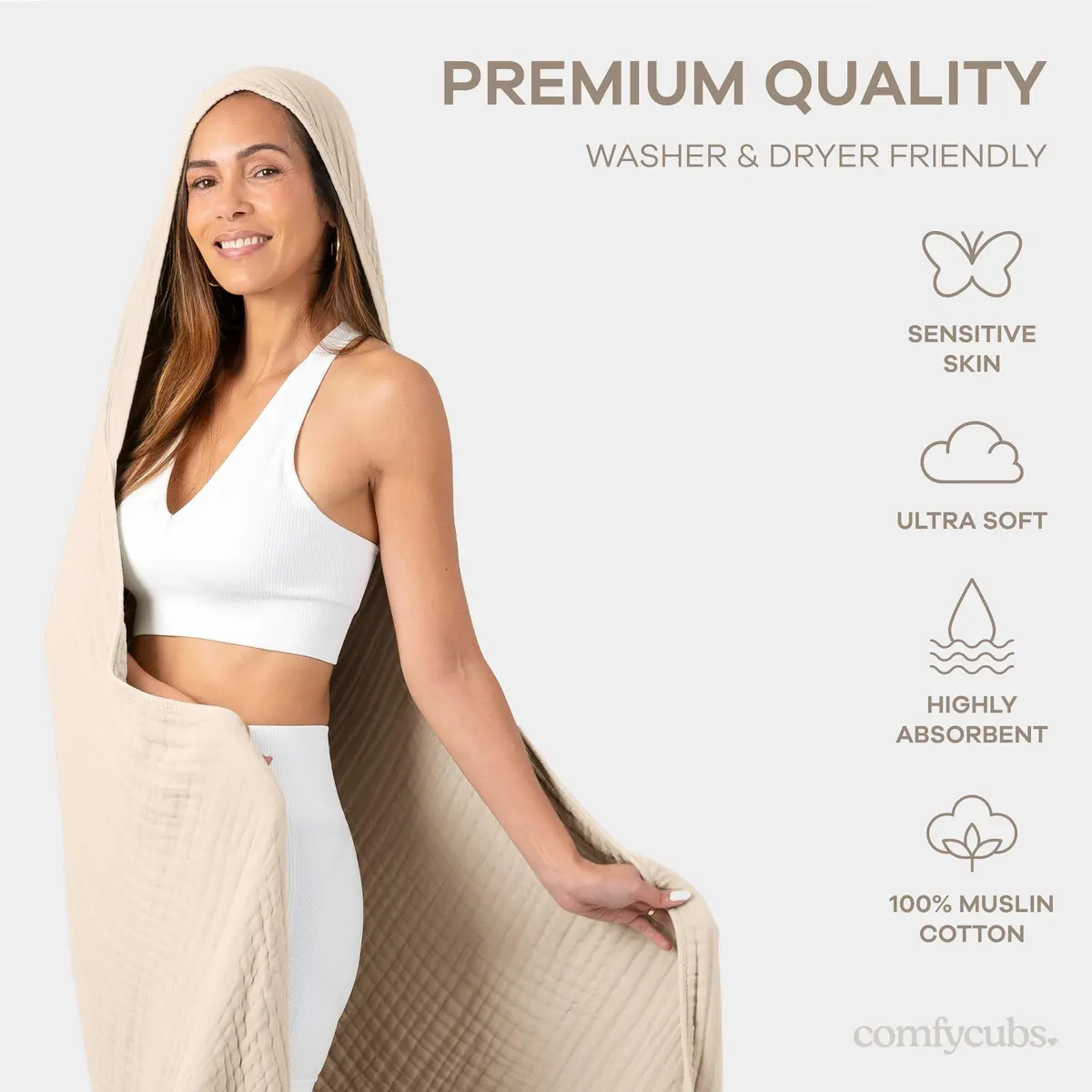 Comfy Cubs Adult Hooded Towel - Large 58'' x 58'', Soft, Absorbent, Stylish Dual-Function Muslin Towel Hoodie for Bath, Relaxation, and Everyday Use - Sand - view 4