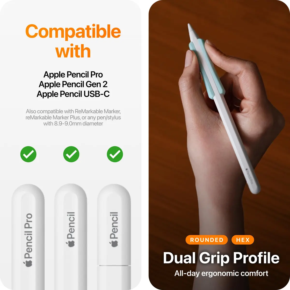 UPPERCASE NimbleGrip Gen 2 Silicone Ergonomic Grip (Apple Pencil 2/Pro/USB-C) Beige | Comfortable, Magnetic & Wireless Charging Compatible - view 6