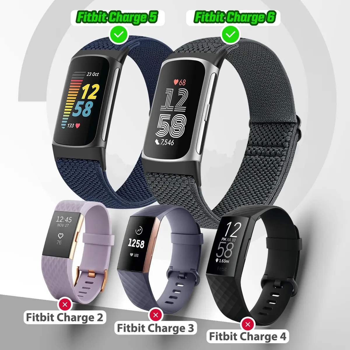 Bcuckood Watch Bands 5 Pack Nylon Stretchy Breathable Adjustable | Sport Strap for Fitbit Charge 6/5 - view 3