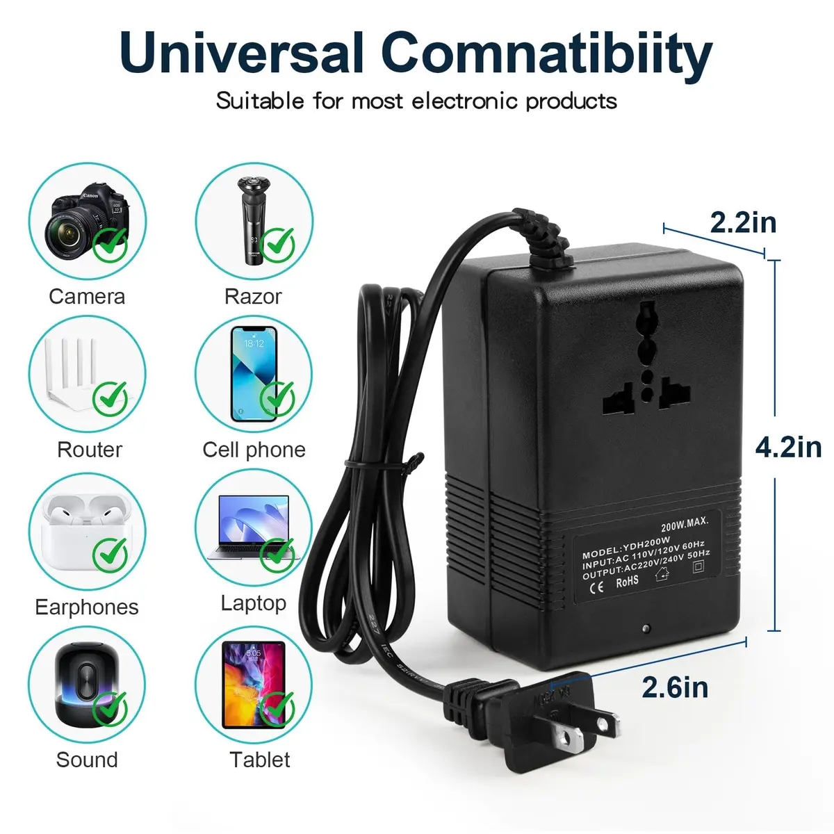 autotron 200W Voltage Transformer Power Converter 110V to 220V | ETL Certified - view 2