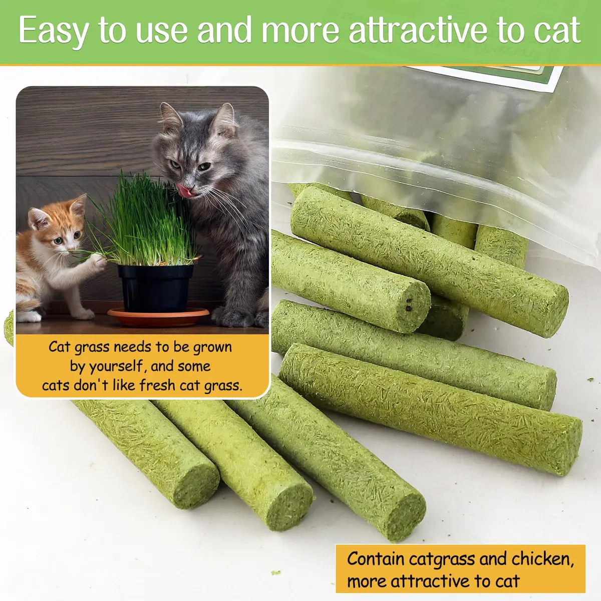 HavenJanny Cat Grass Teething Stick with Chicken 50g (1.76 oz) | Hairball Control & Dental Health - view 4