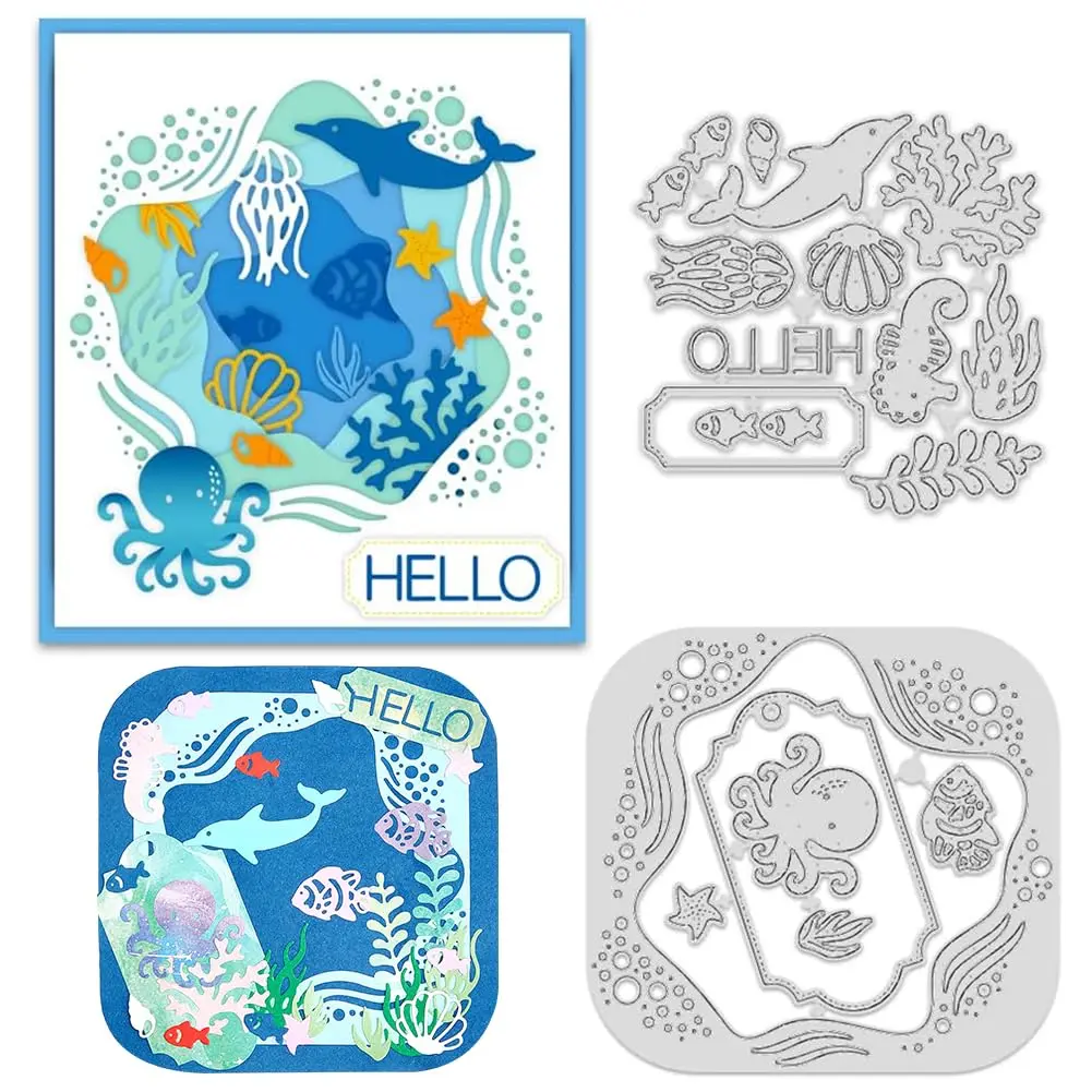 INFUNLY Ocean Theme Metal Cutting Dies Set 2PCS 19.8cm x 11.3cm | Sea Animal Die Cuts for Card Making - main product image