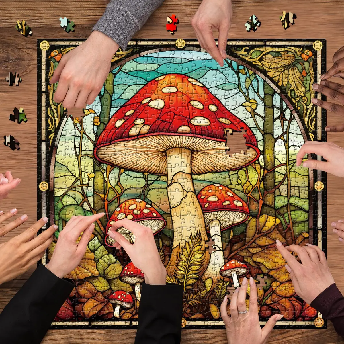 PPuzzling Vintage Mushroom Puzzle 1000 Pieces | Challenging Retro Stained Glass Art (23.85in x 23.85in) - view 5