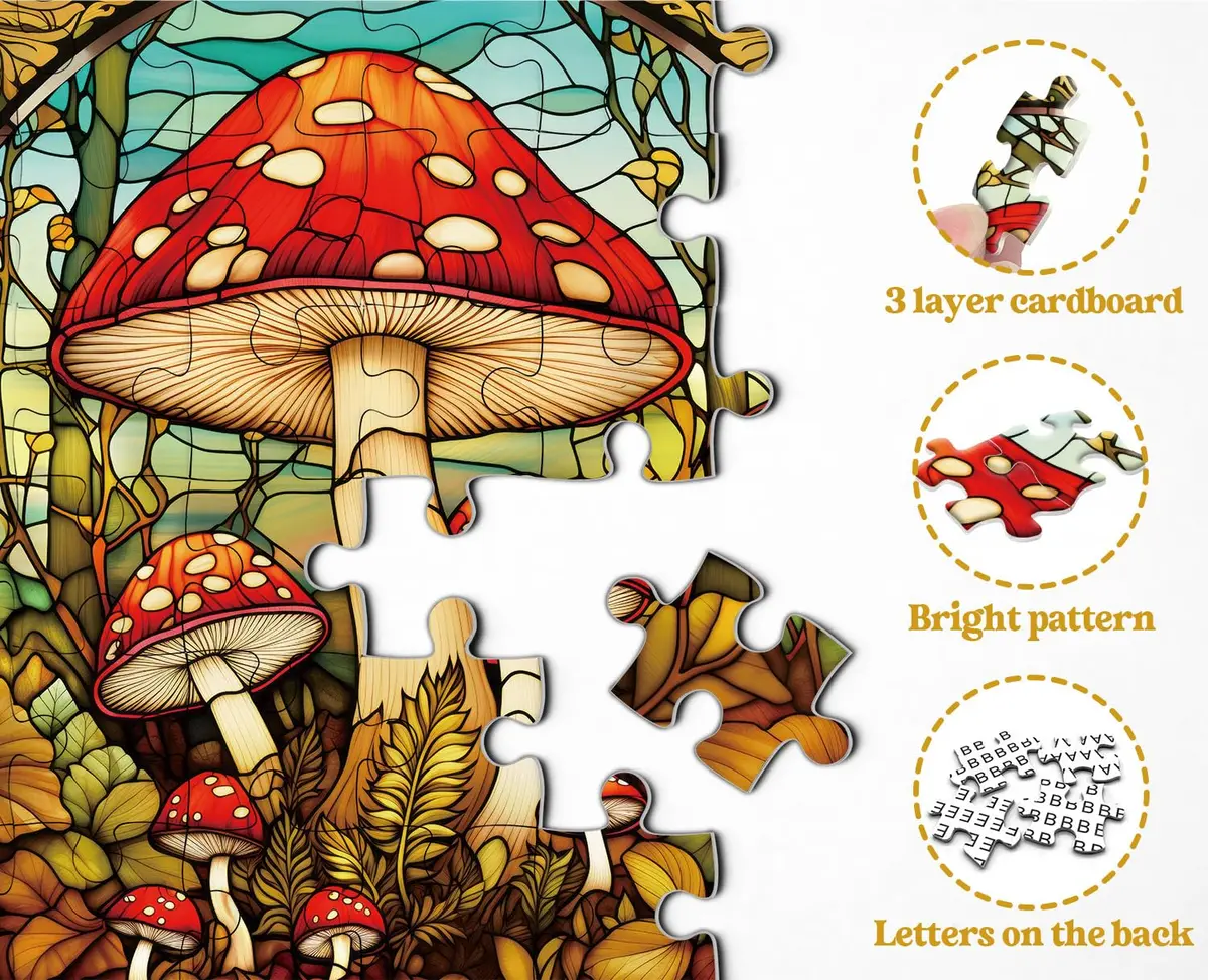 PPuzzling Vintage Mushroom Puzzle 1000 Pieces | Challenging Retro Stained Glass Art (23.85in x 23.85in) - view 4