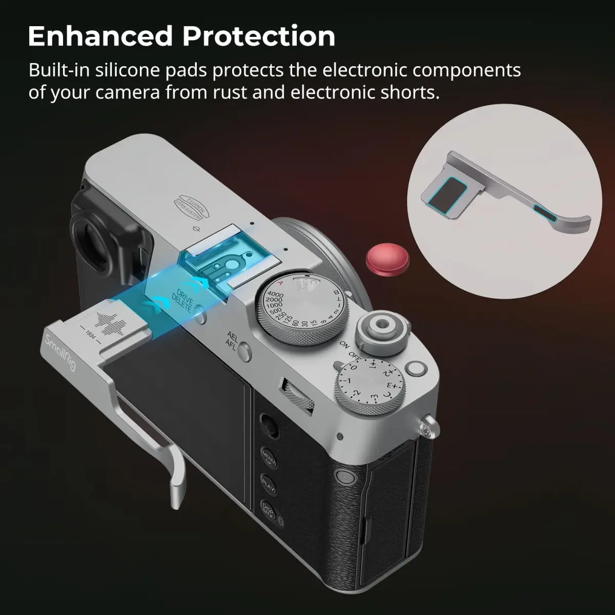 SMALLRIG Thumb Grip with Hot Shoe Cover for FUJIFILM X100VI/X100V (Silver) | Ergonomic Grip with Shutter Button - view 6
